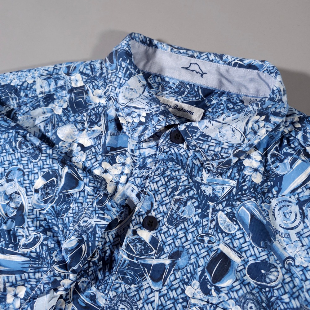 Tommy Bahama Button Down Shirt Mens Large Blue Silk Cocktail Tropical Print